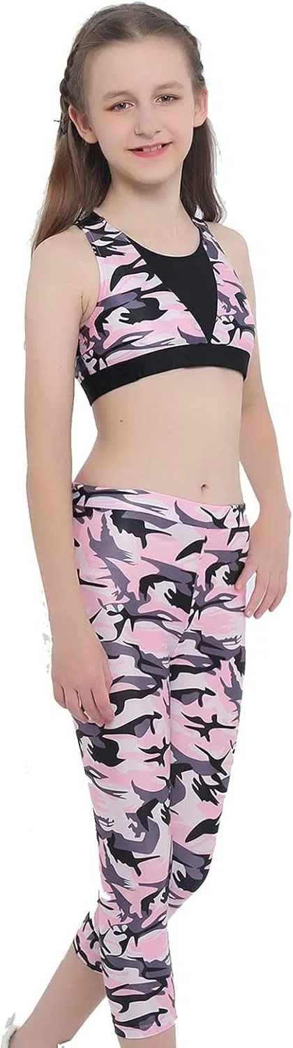 Детский спортивный костюм с камуфляжным принтом YONGHS, топ и леггинсы, Camouflage Pink — фото 3