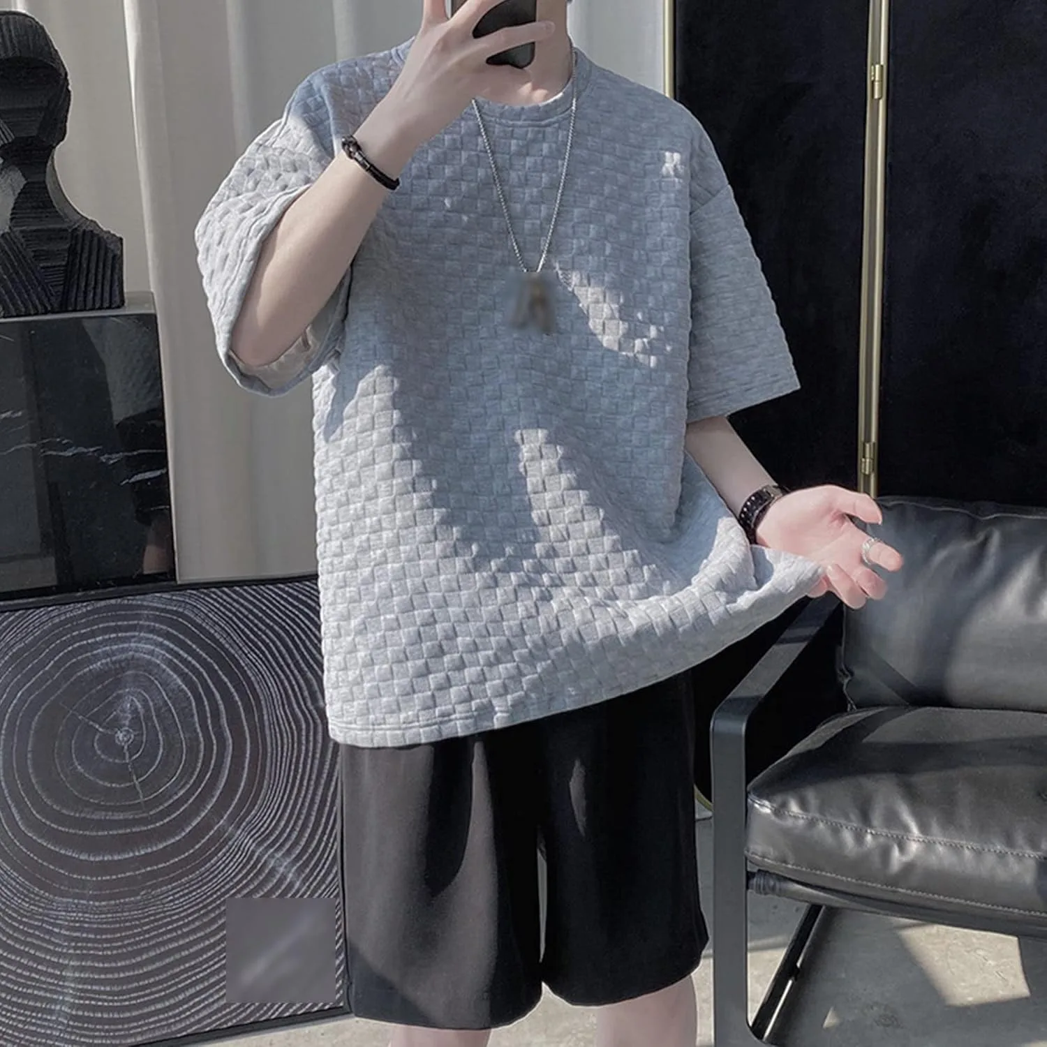 Мужская футболка с вафельной текстурой, короткий рукав, Crew Neck — фото 3