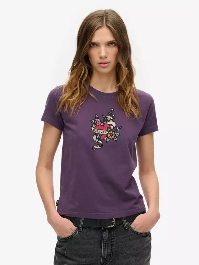 

Футболка Superdry Tattoo Rhinestone, цвет soot purple