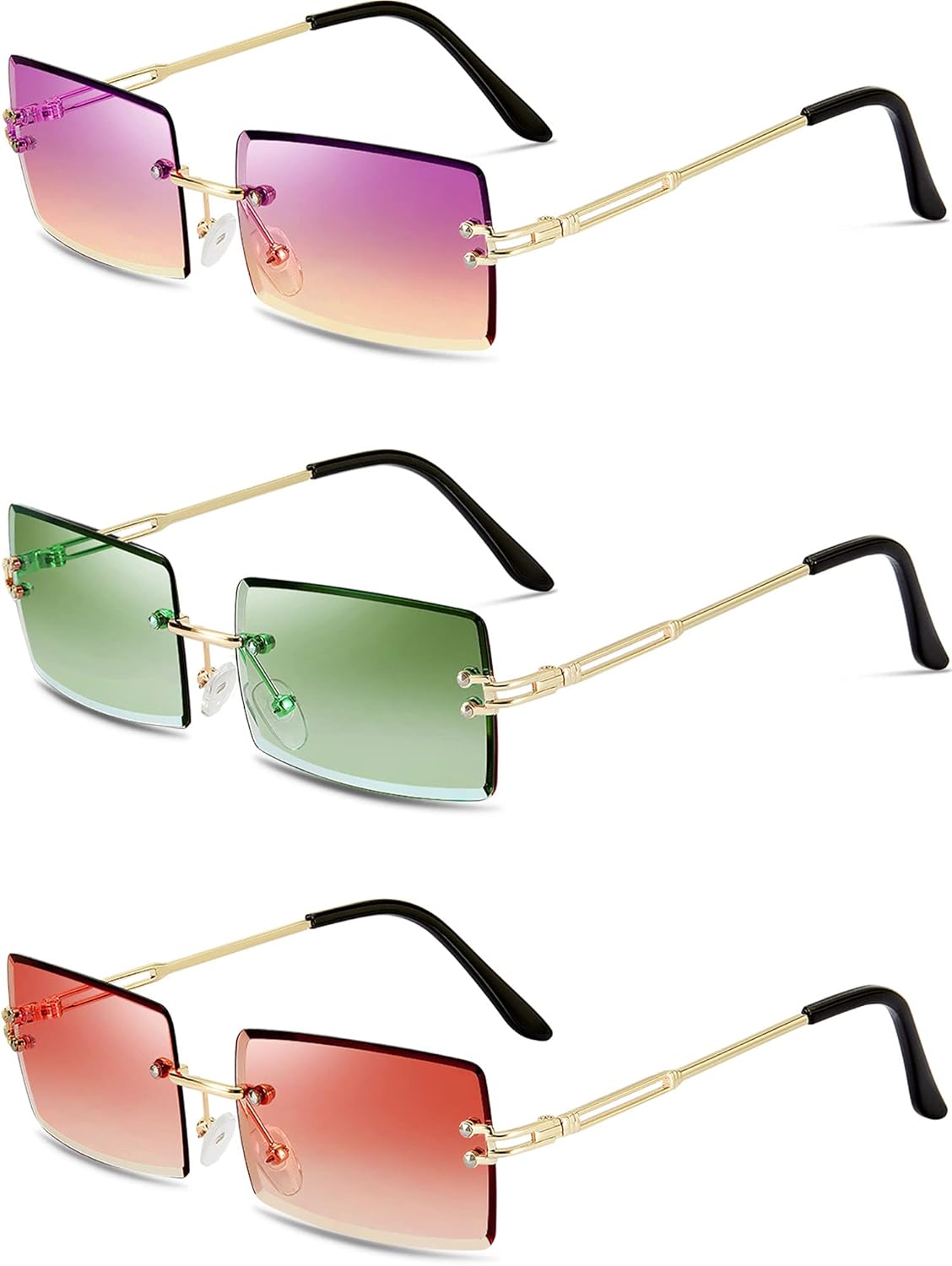 

Солнцезащитные очки Weewooday 3 пары, без оправы, прямоугольные, тонированные, безрамочные, винтажные, прозрачные, прямоугольные, в стиле Y2k, Green, Red, Gradient Purple