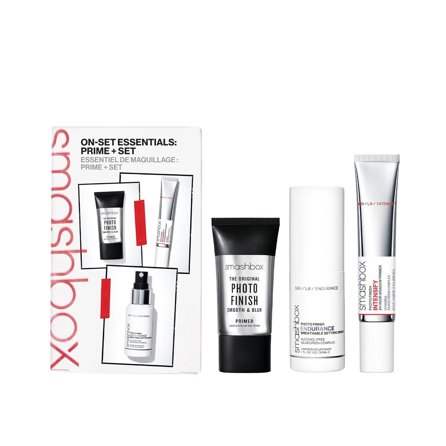 Smashbox On-Set Essentials: Праймер + Фиксирующий спрей для макияжа | Подарочный набор из трех основных средств, включающий праймер и фиксирующий спрей для использования в дороге