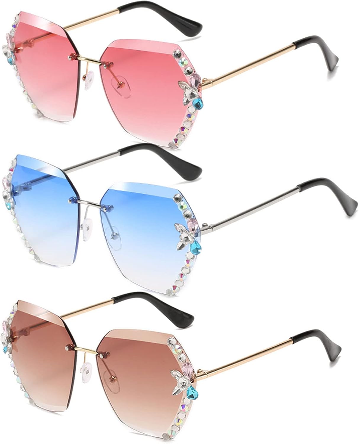 

Солнцезащитные очки Willochra для женщин без оправы с бриллиантами, увеличенные солнцезащитные очки без оправы с градиентными линзами с алмазной огранкой и защитой от УФ-излучения, 3pcs-brown&blue&pink