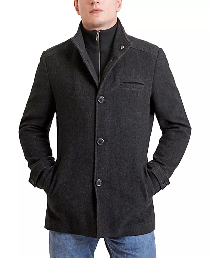

Мужское шерстяное пальто с нагрудником Russell Herringbone Landing Leathers, черный