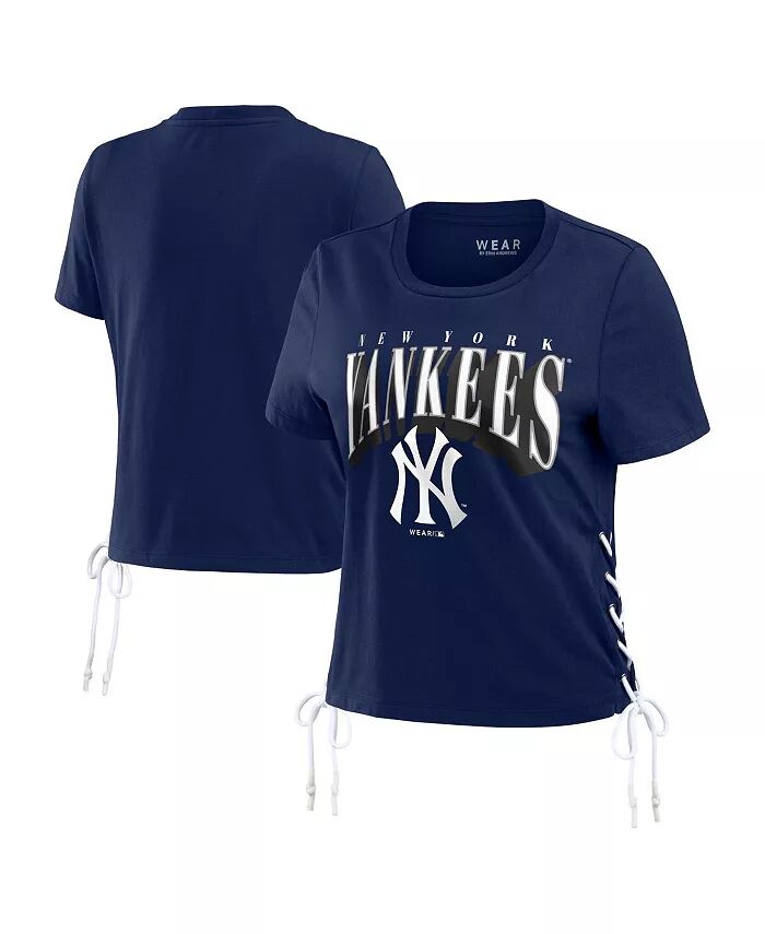 

Женская темно-синяя укороченная футболка со шнуровкой по бокам New York Yankees Wear By Erin Andrews, синий