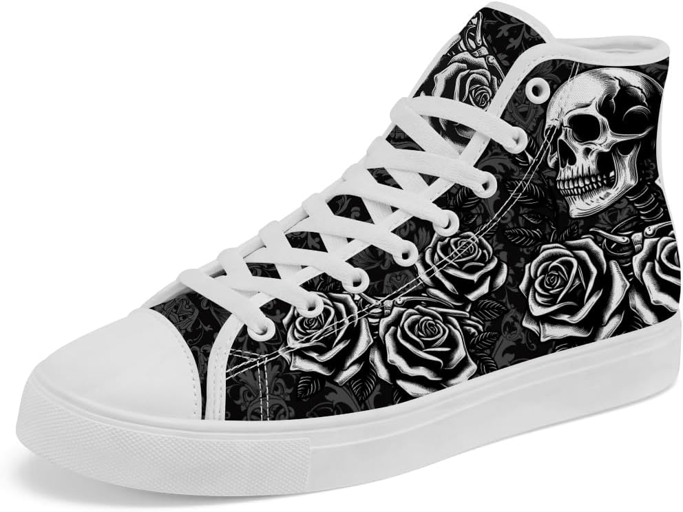 

Женские и мужские высокие кеды с цветочным черепом на холщовой основе, высокие кроссовки с черепом, повседневные шнуровки Chebing, черный