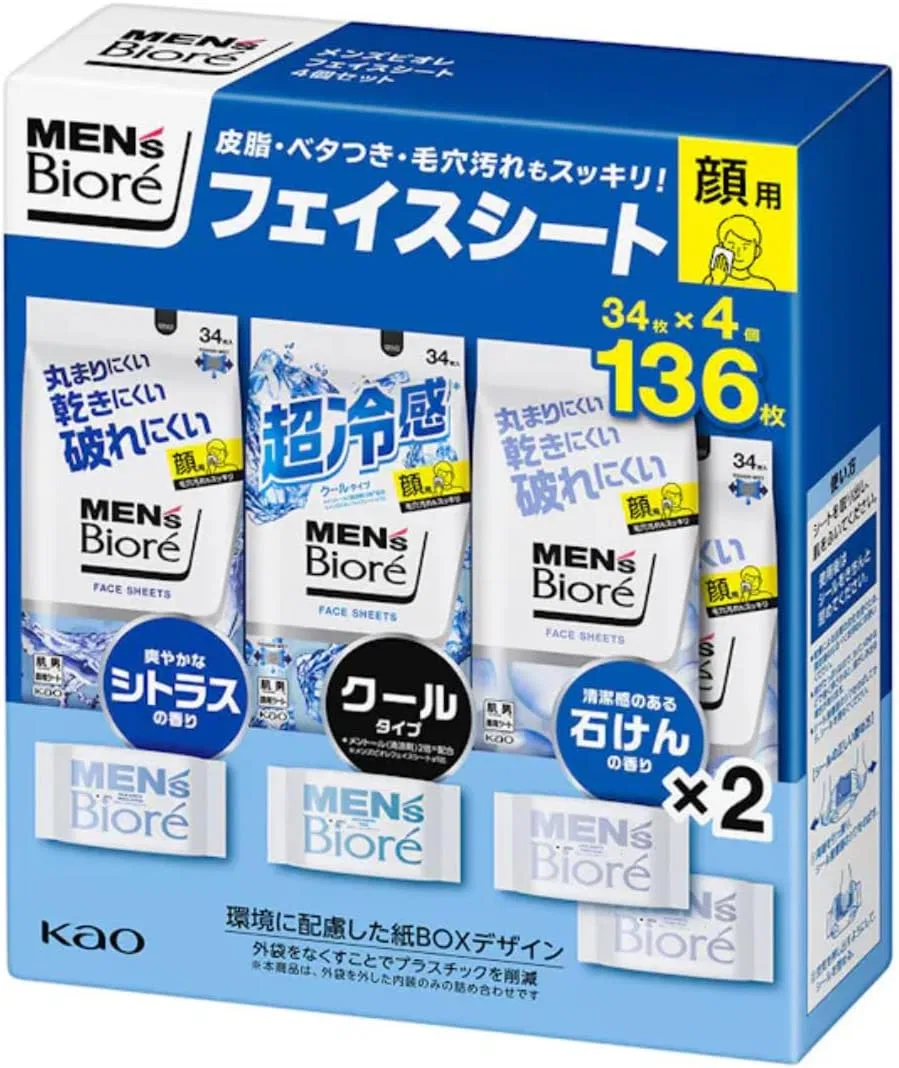 Очищающие салфетки для лица Biore мужские, 136 шт.