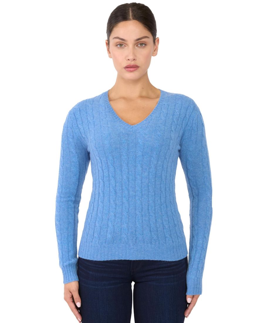 

Женский пуловер с длинными рукавами и V-образным вырезом, связанный косами, из 100% кашемира JENNIE LIU, Ocean heather