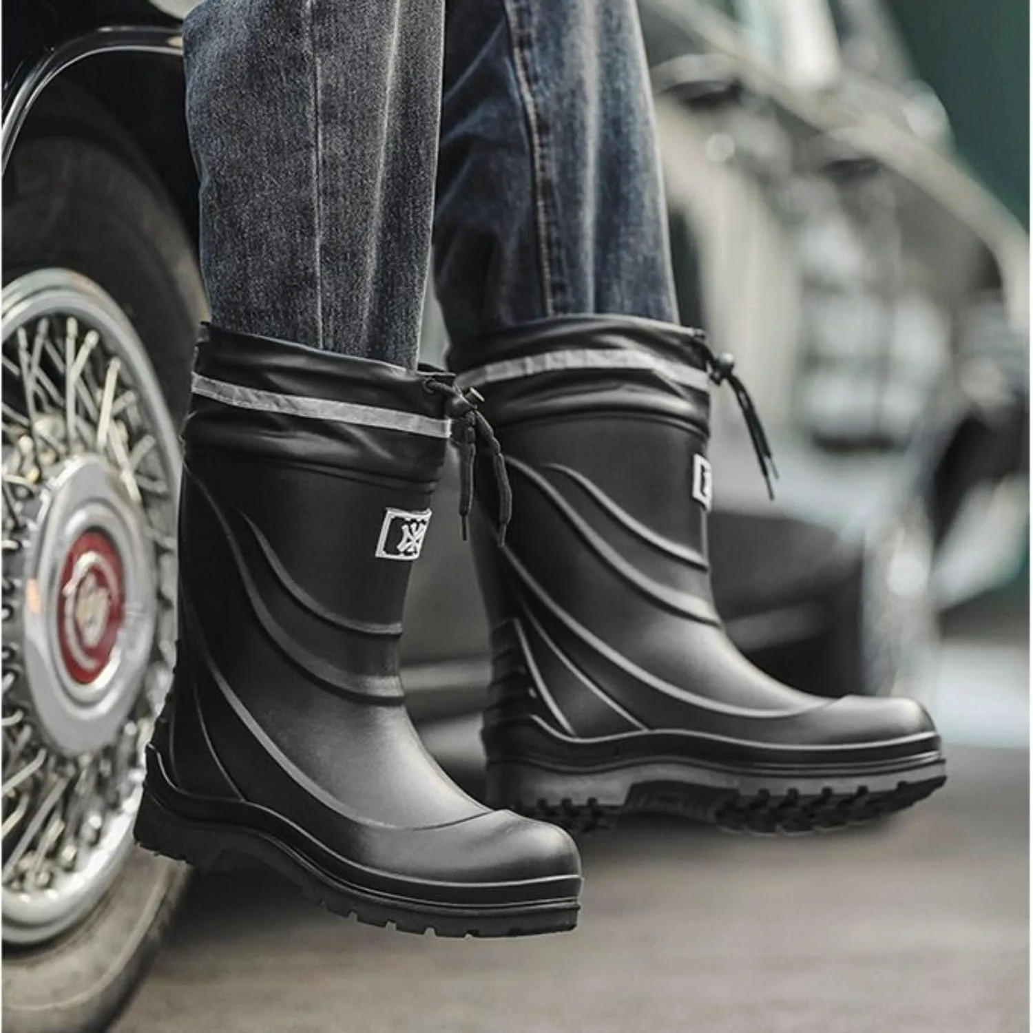 Мужские резиновые ботинки Men Rain Boots водонепроницаемые с уникальным PVC дизайном, удобные легкие рабочие грязевые ботинки, прочные, устойчивые к скольжению садовые ботинки для рыбалки, фермерства и садоводства GBWPRBMW, черный — фото 3