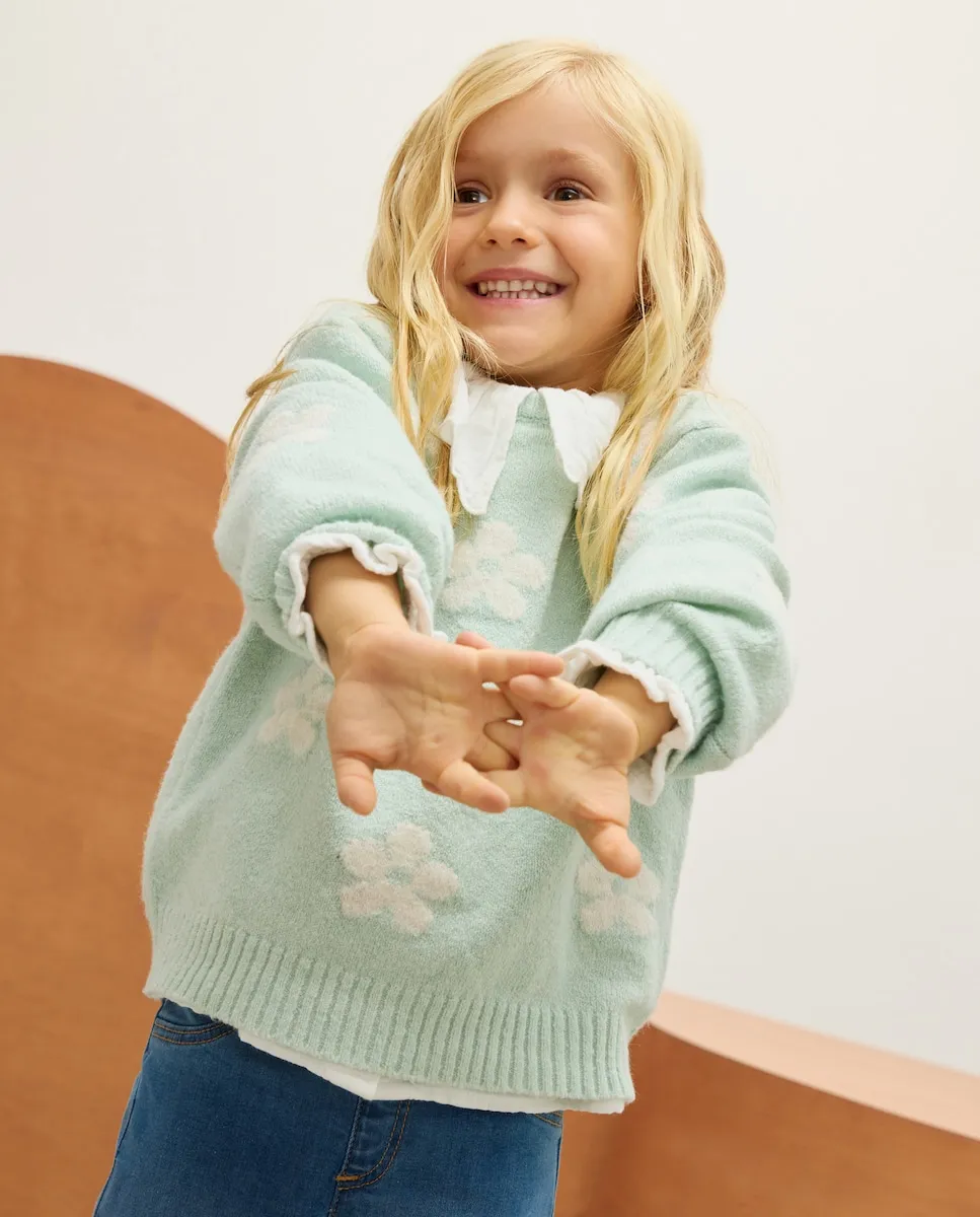 

Джемпер свободного кроя с круглым вырезом, интарсия с цветочным узором для девочки Kids El Corte Inglés, зеленый