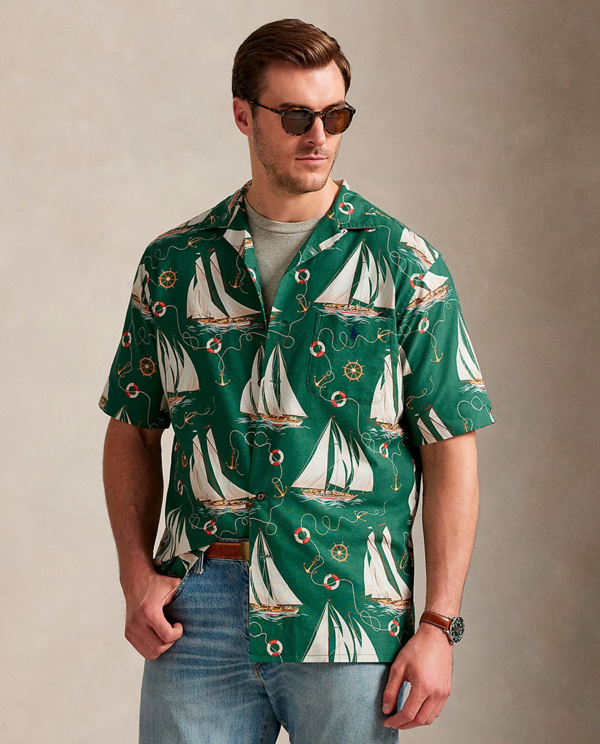 

Мужская оксфордская рубашка с коротким рукавом, принт, большие размеры Polo Ralph Lauren, нефритовый