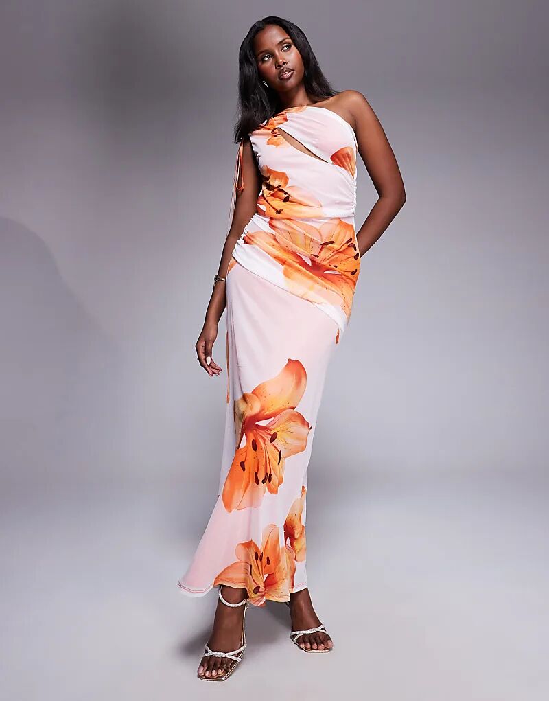 

Платье миди ASOS DESIGN на одно плечо с сетчатым лифом, завязками, разрезом и белым цветочным принтом