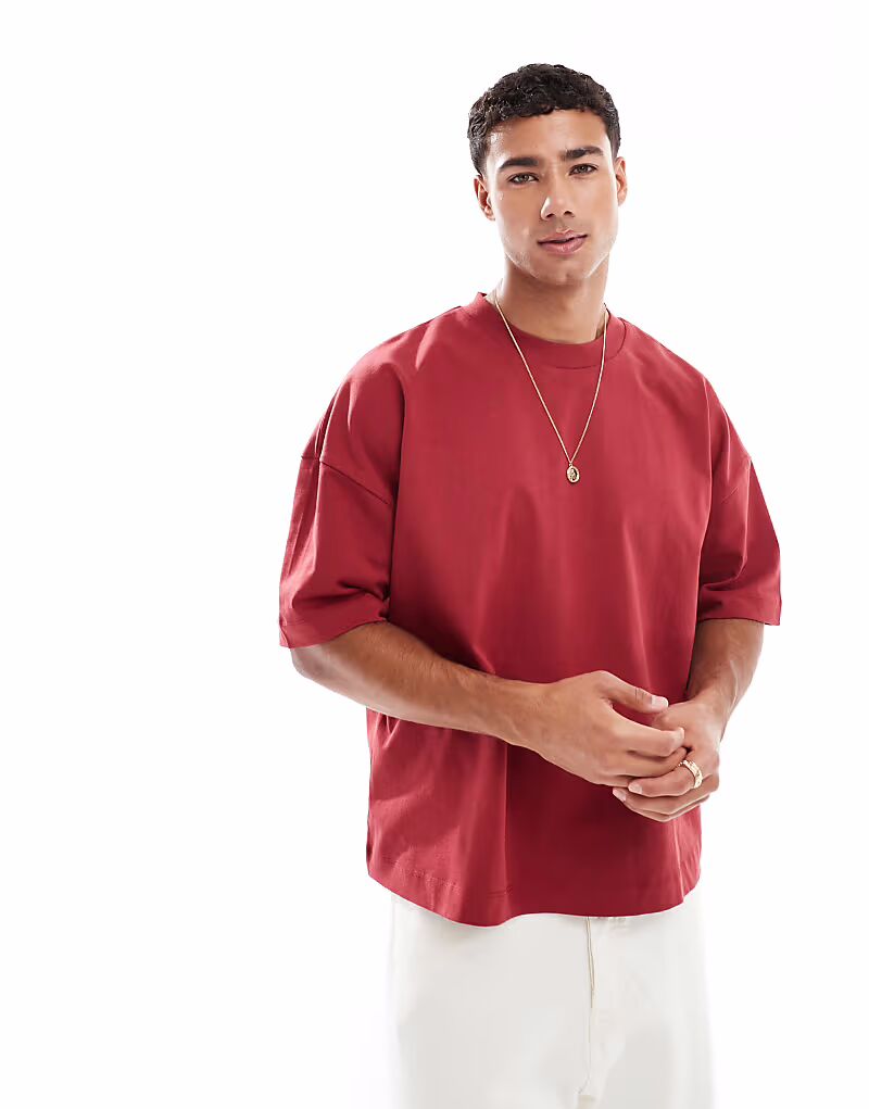 

Футболка свободного кроя ASOS DESIGN плотного кроя с заниженной линией плеч красного цвета