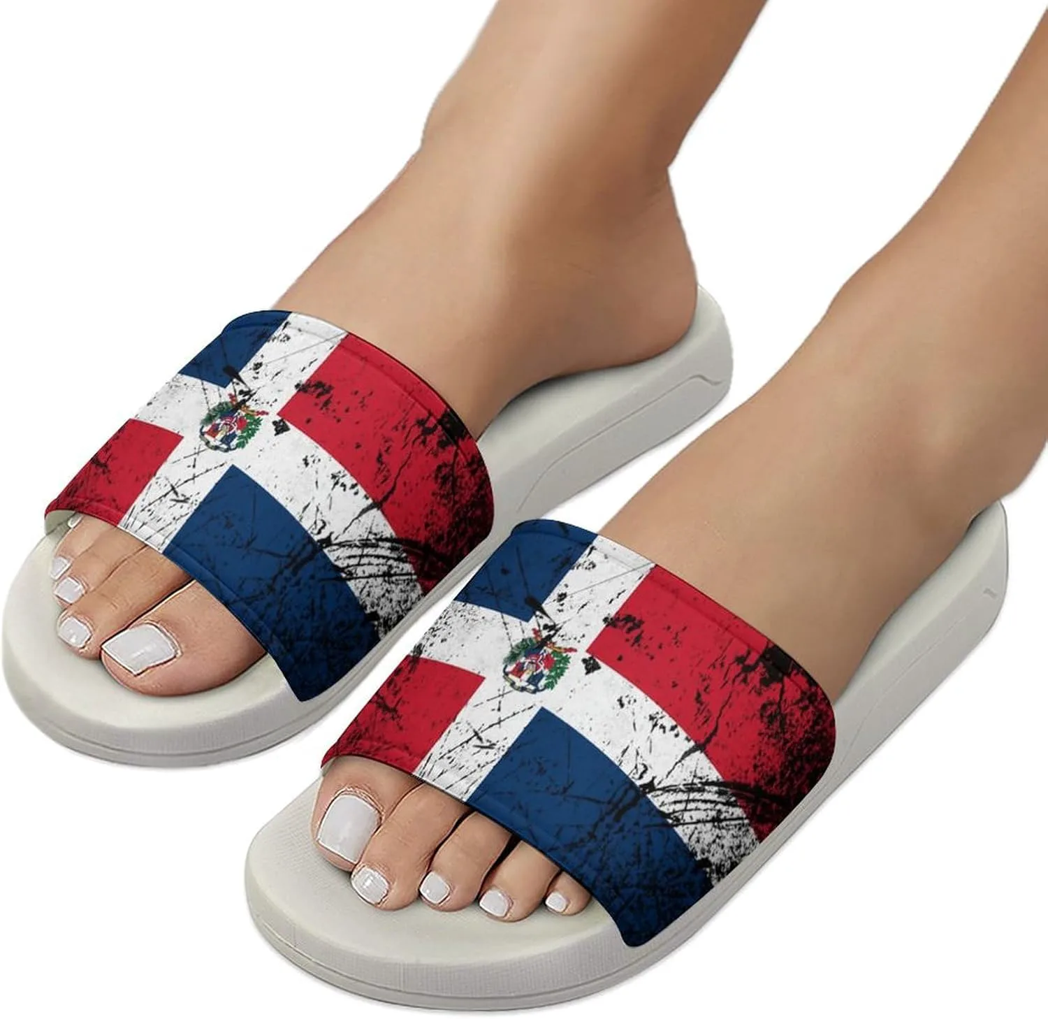 

Тапочки с текстурой гранж и флагом Доминиканской Республики, шлепанцы для душа, домашние тапочки, быстросохнущие, противоскользящие, для ванной и бассейна, для женщин и мужчин, ПВХ GTABVECT, белый