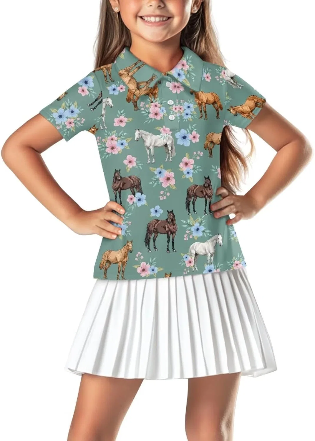 Поло для девочек с воротником Snilety, цвет Horse Green Floral