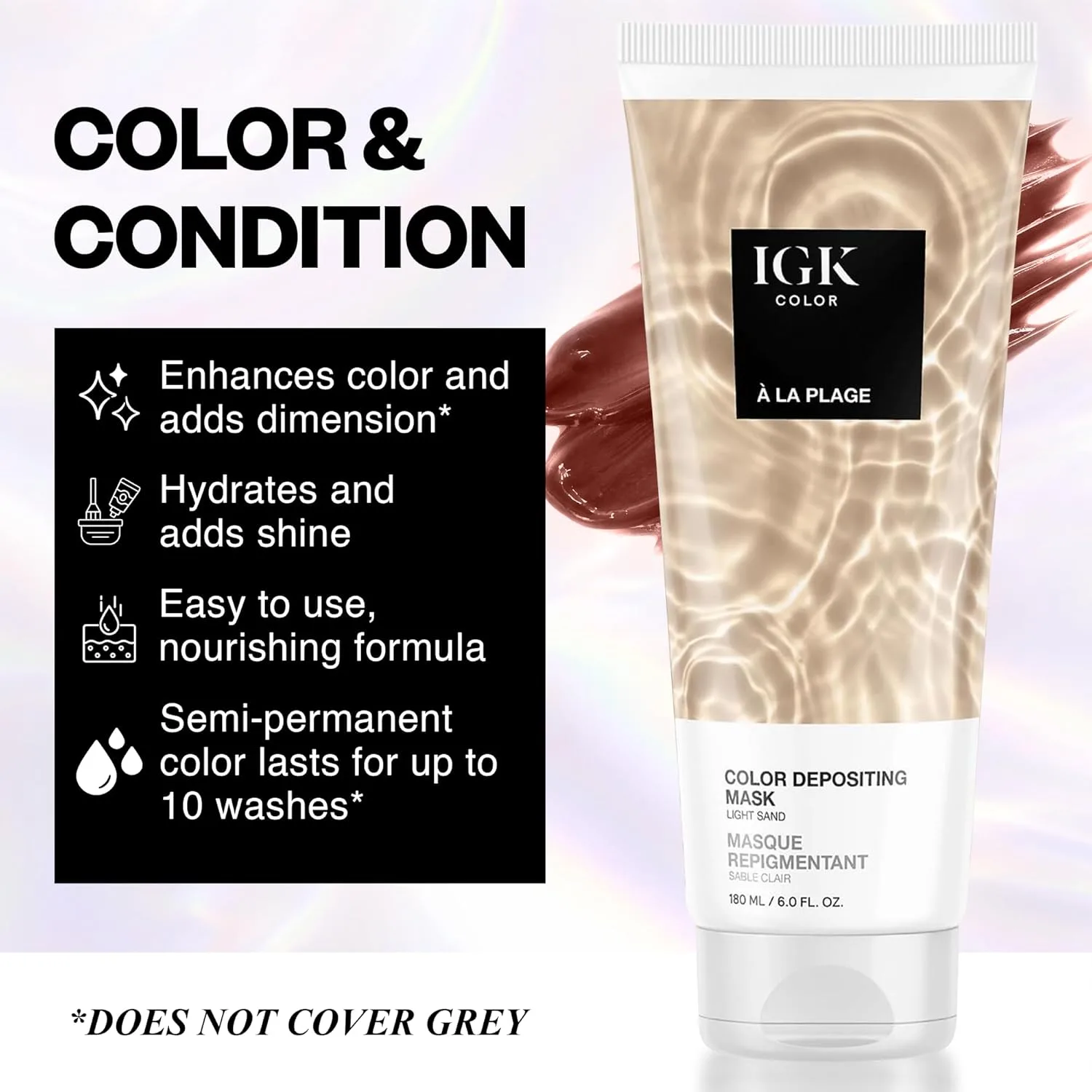 IGK A La Plage Color Depositing Hair Mask, Light Sand, полуперманентный кондиционер и тонирующий блеск, увлажняющая формула для сияния и обновления цвета, веганский, 170 г, A La Plage (Light Sand) — фото 2