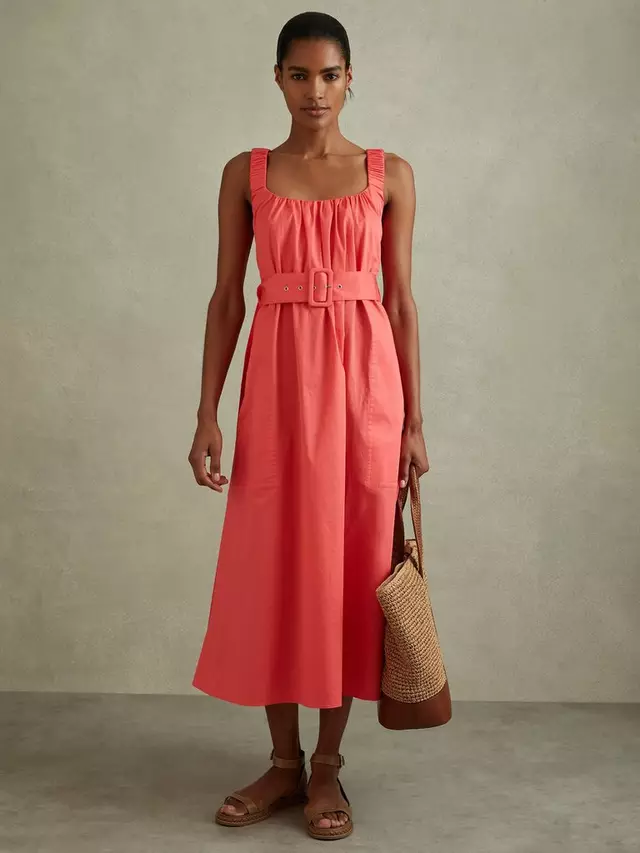 

Платье Reiss Liza Ruched Strap Cotton Midi, цвет coral