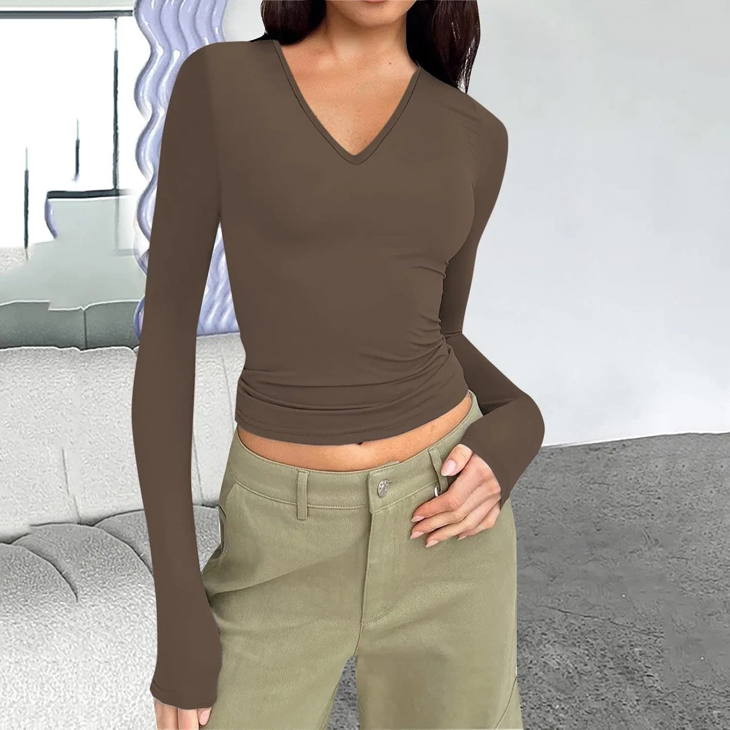 Женская футболка с V-вырезом, crop top, slim fit, A02_khaki — фото 2