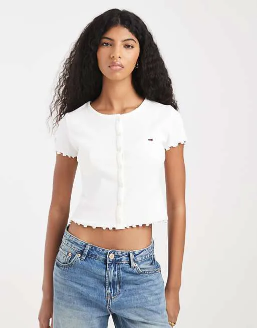 

Белая футболка с пуговицами в рубчик Tommy Jeans, Белый, Белая футболка с пуговицами в рубчик Tommy Jeans