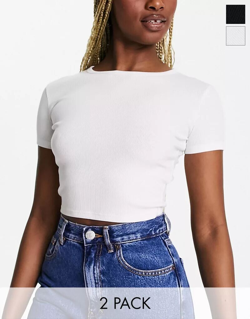 

Pull&Bear — набор из 2 узких черно-белых футболок в рубчик