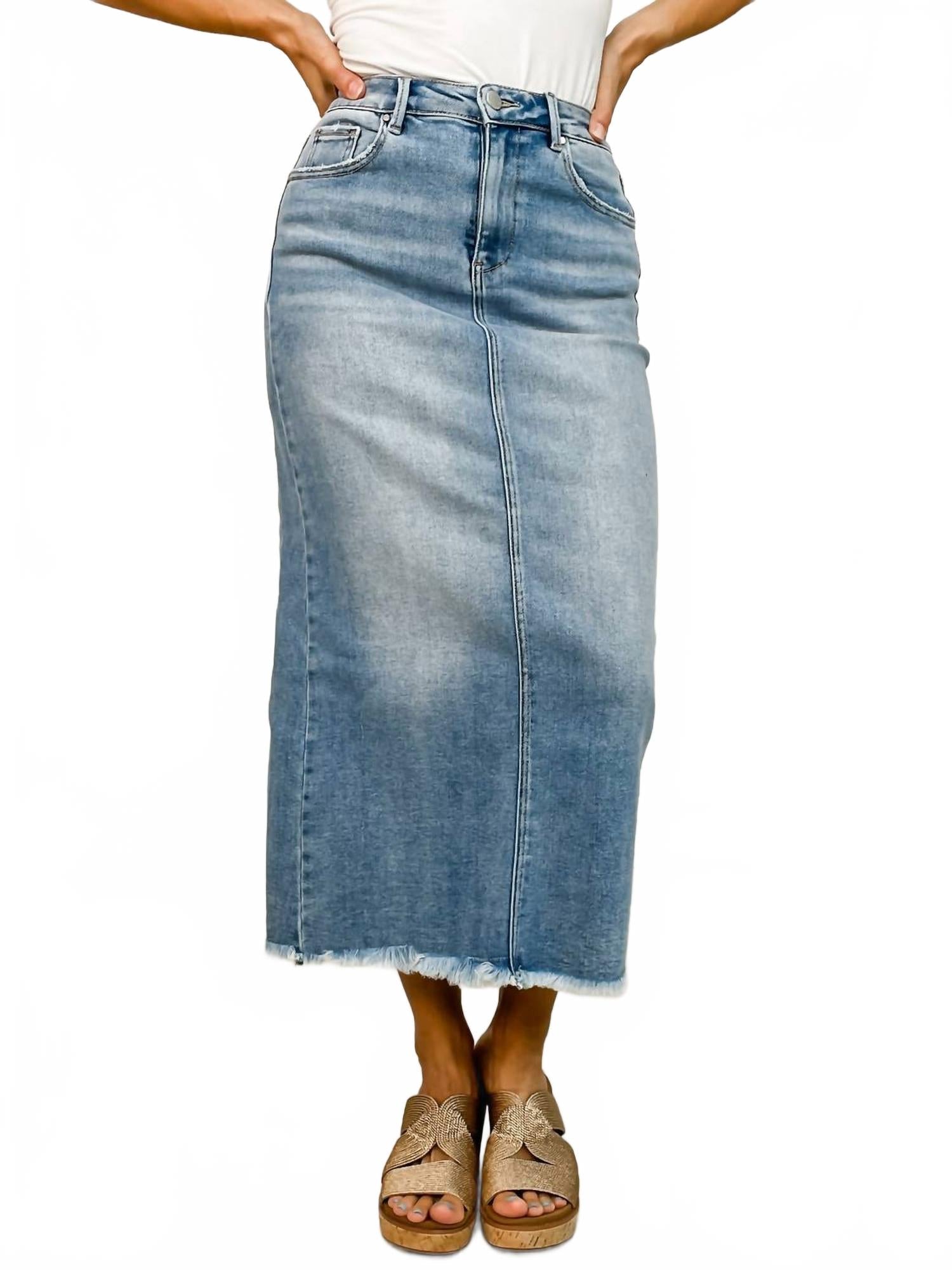 

Высокая потертая длинная джинсовая юбка-карандаш в среднем тоне RISEN, Medium Wash