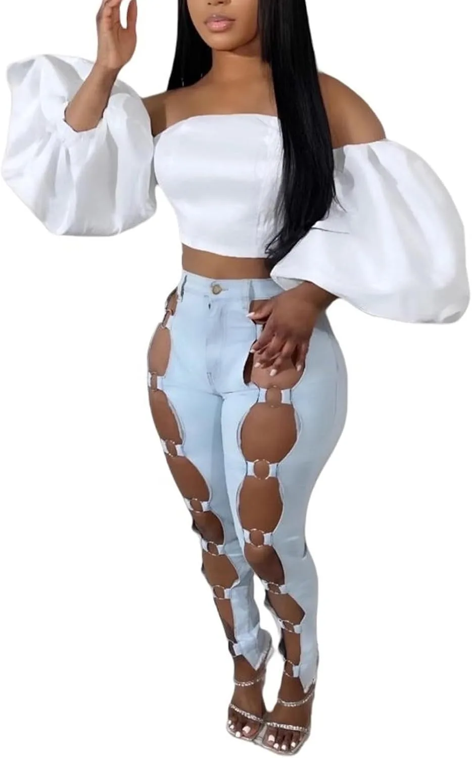 

Женские джинсы Skinny Fit с вырезами и металлическими кольцами GHJCFVBS