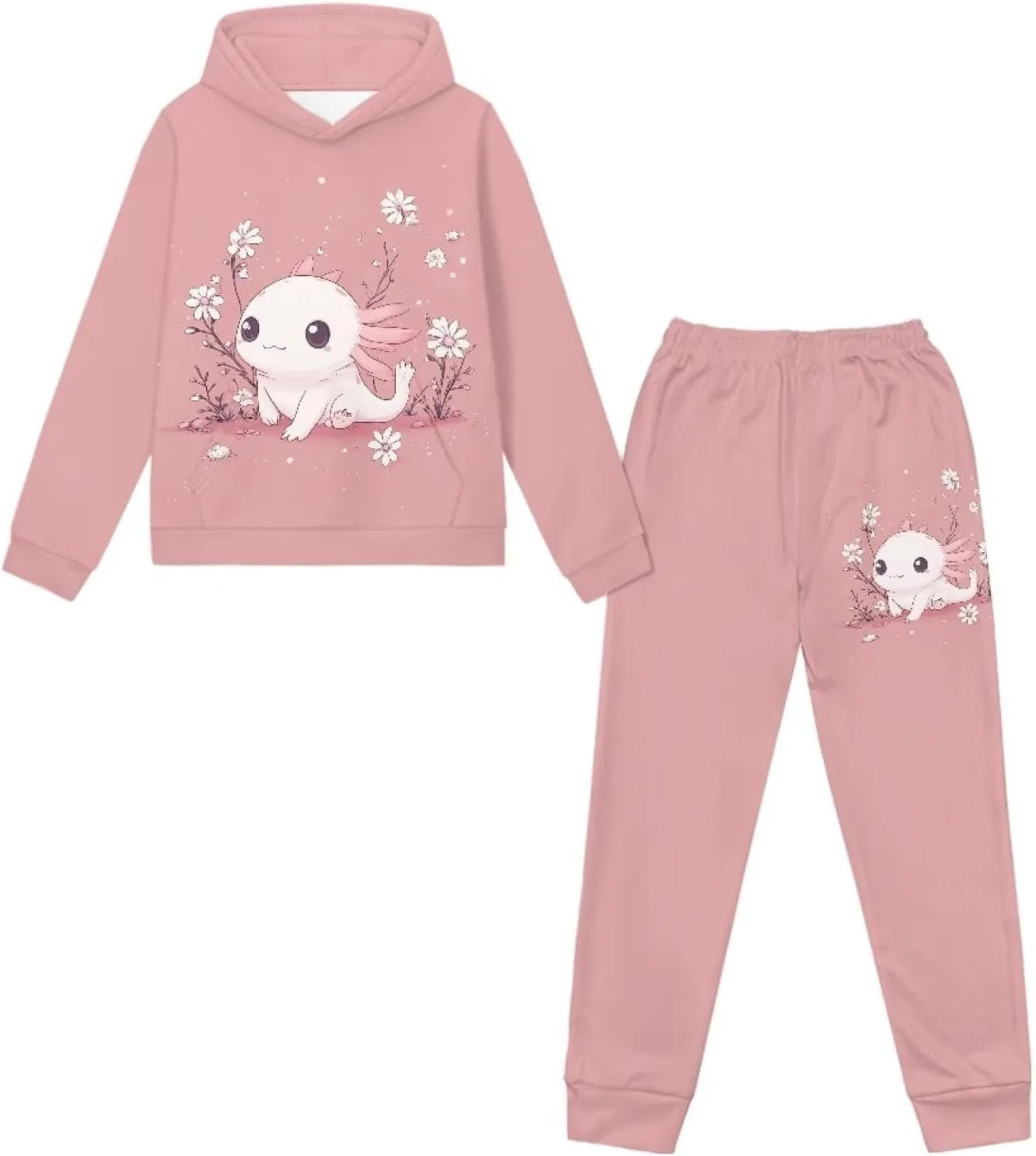 Детский спортивный костюм с капюшоном Uppodwarkid, 2 предмета, Cute Axolotl and Floral — фото 2