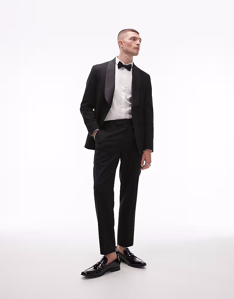 

Брюки для смокинга Topman премиум-класса из смеси шерсти, черного цвета