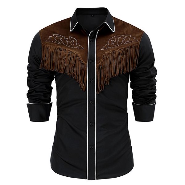 

Мужская ковбойская рубашка с бахромой, длинный рукав, вышивка, slim fit, повседневная Maxxis Merch, Black