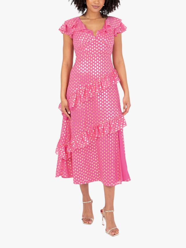 

Платье миди с рюшами и фольгированным принтом Lovedrobe, Fuchsia / Gold