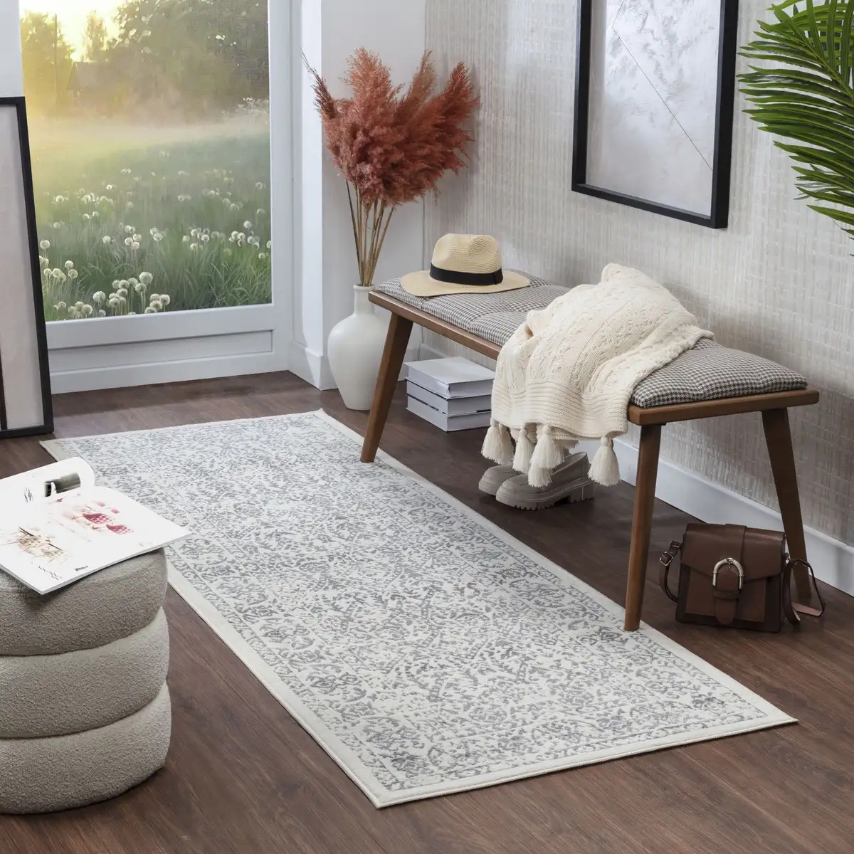 

Surya Runner "Traditional", прямоугольный, восточный ковер с коротким ворсом в стиле бохо, гостиная, ковер для прихожей, серый 80х220 см, белый