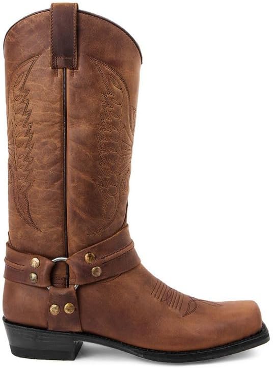 

Зимние ботинки XBTEVUDAK для мужчин с массивным каблуком, средние по голени, классические с вышивкой, ретро, с квадратным носком, традиционные западные ботинки 2024, коричневый