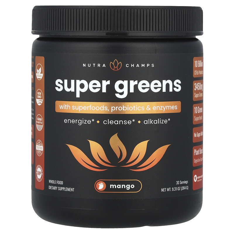 

NutraChamps, Super Greens, с суперфудом, пробиотиками и ферментами, манго, 264 г (9,31 унции)