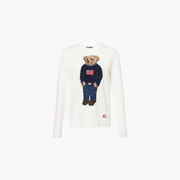 

Поло с медведем, вязаный джемпер из льна и хлопка с круглым вырезом Polo Ralph Lauren, мультиколор