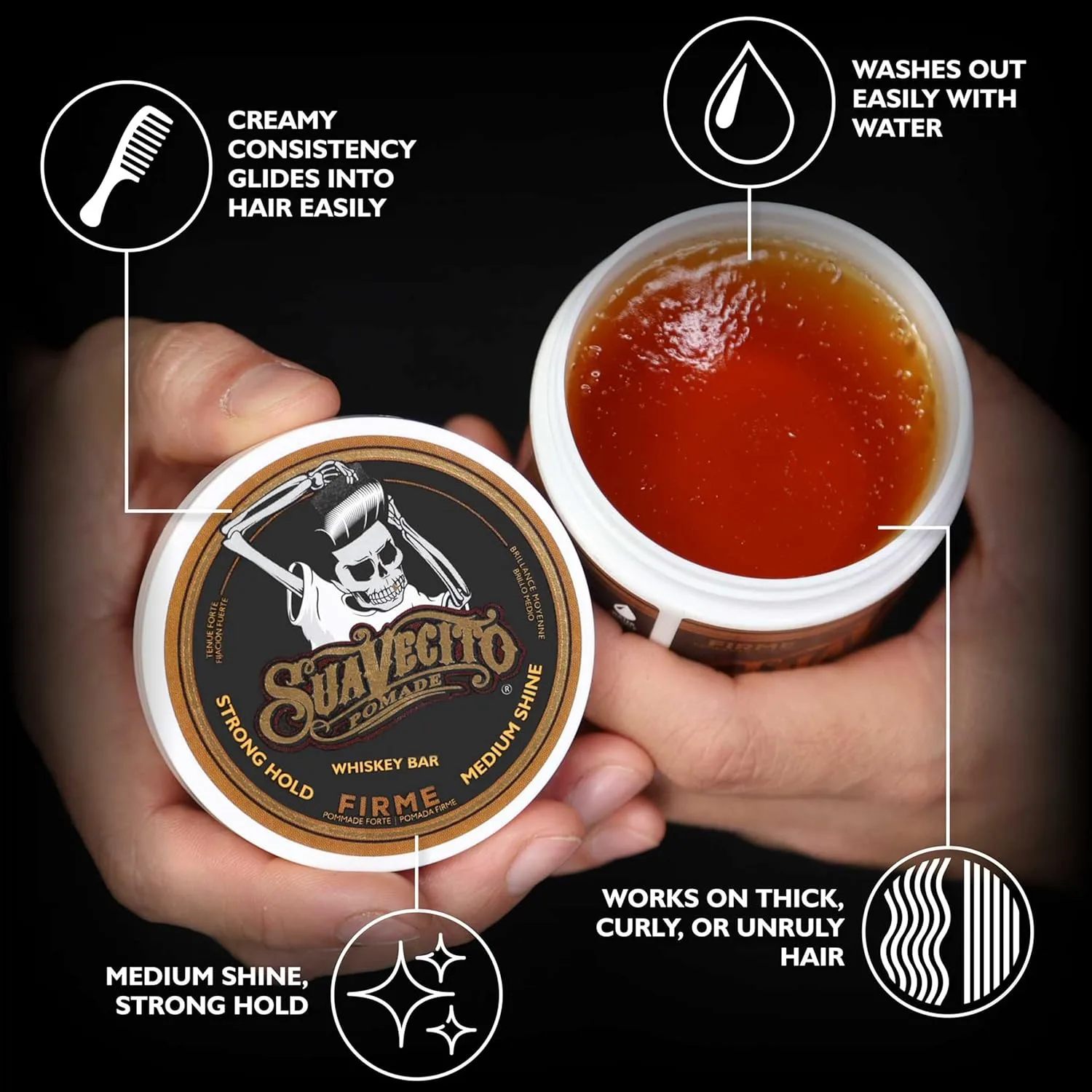 Suavecito Pomade Firme (Strong) Hold аромат виски 113 г - мужская помада, средний блеск, на водной основе, без хлопьев, легко смывается, стойкость на весь день 113.40 г (1 шт.) — фото 3