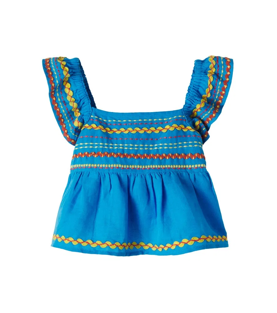 Вышитая присборенная льняная и хлопковая блузка Stella McCartney Kids, синий