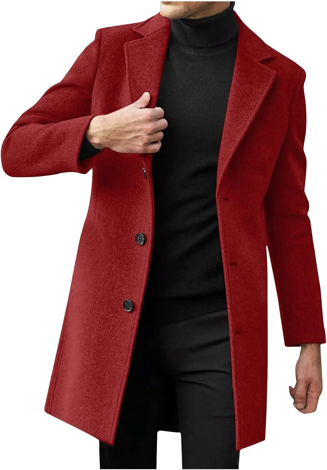 Мужское пальто из шерстяной смеси pea coat с классическим отложным воротником, однобортное, повседневное, теплое, мягкое, приталенное, зимнее тренч Generic, красный