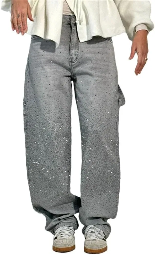 Джинсы с пайетками, широкие, Women's Rhinestones Shining, серый
