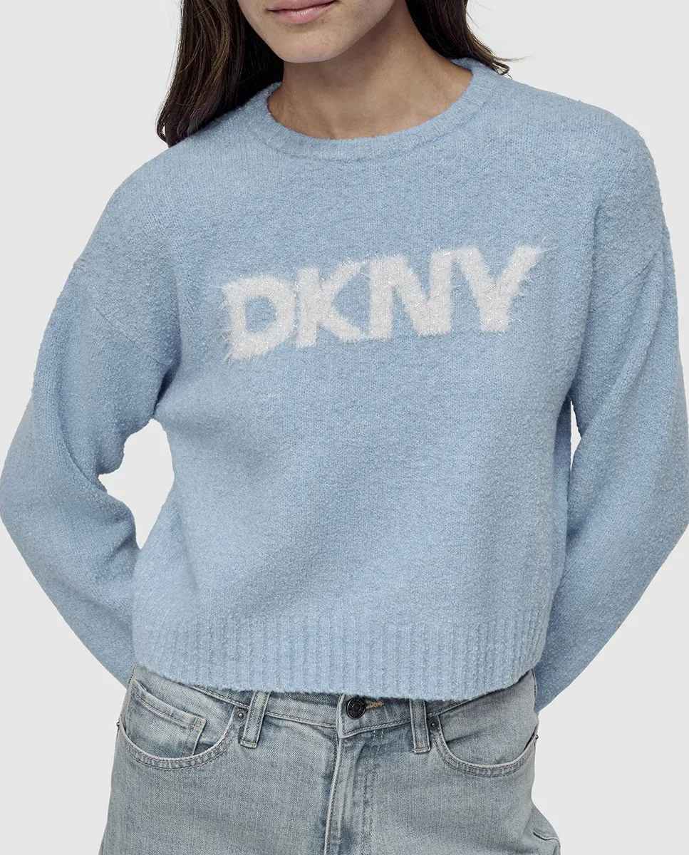 

Женский свитер из букле с круглым вырезом и логотипом спереди Dkny Jeans, тёмно-синий