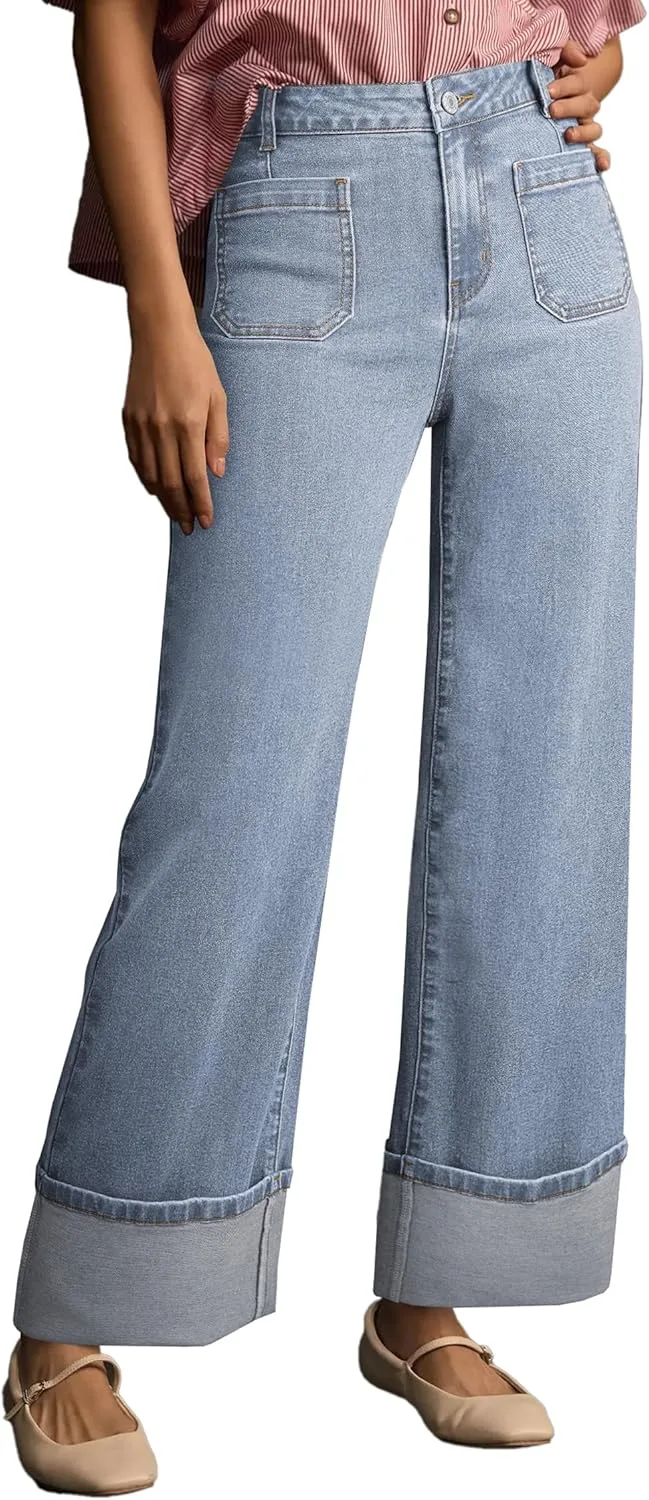 

Urchics Women High Waisted Cuffed Wide Leg Jeans с передними накладными карманами