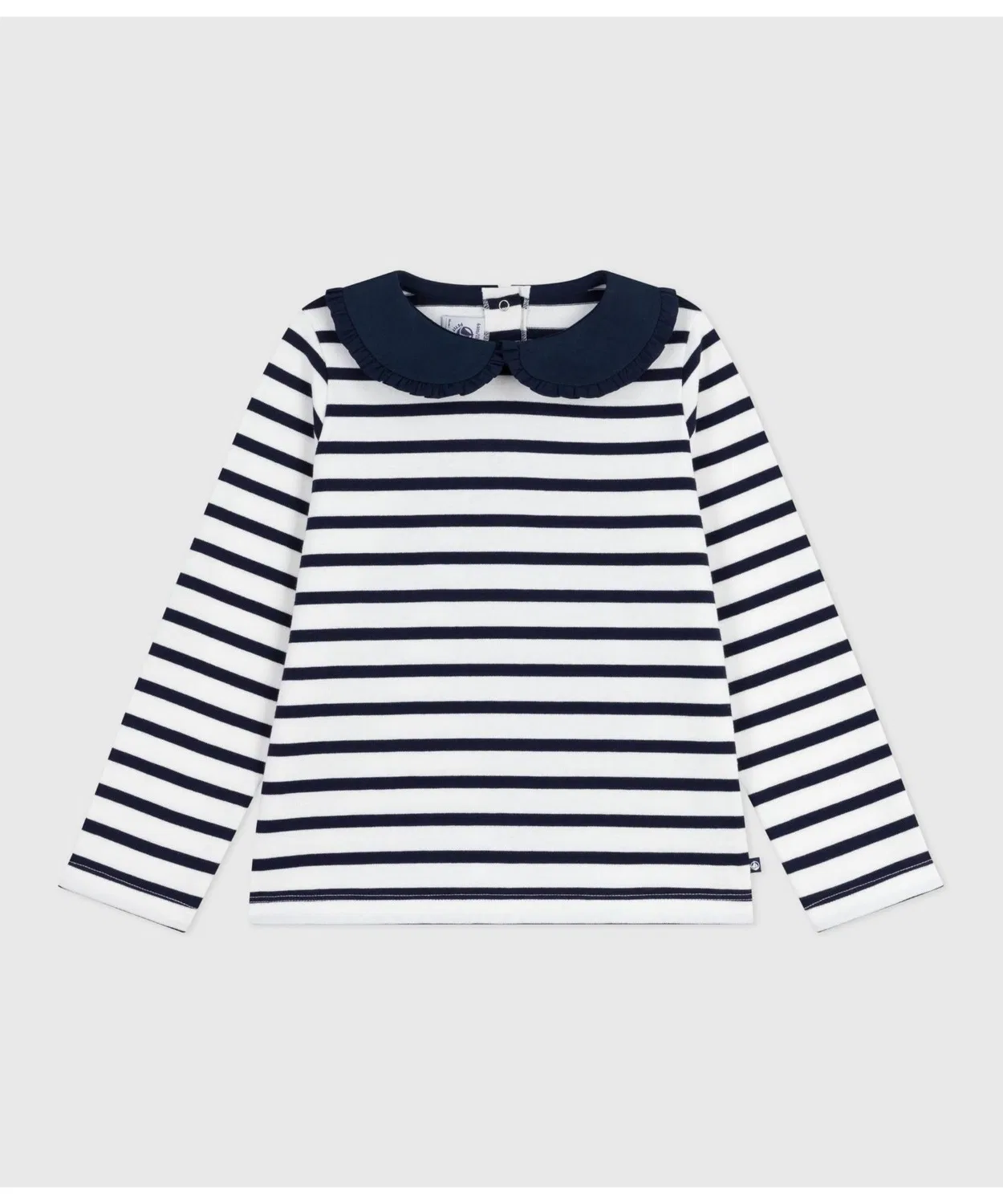 Пуловер с воротником-воланом Petit Bateau, белый с тёмно-синей полоской — фото 2