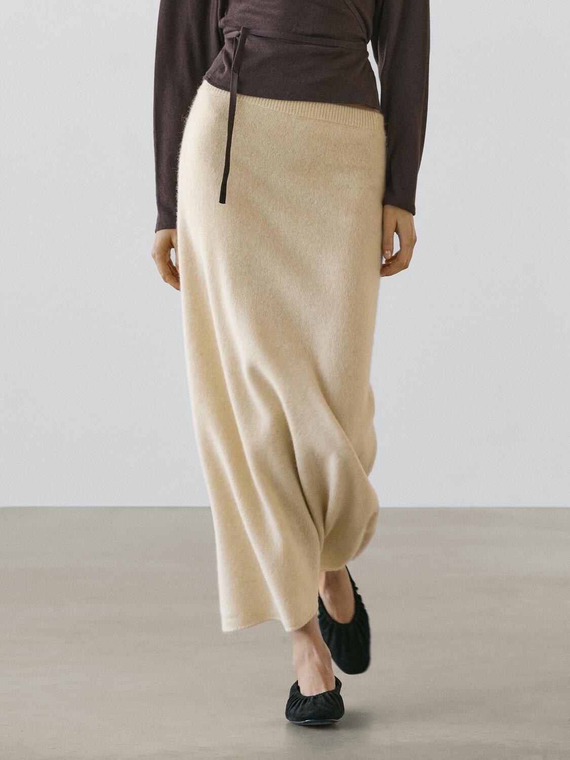 Вязаная миди-юбка из альпаки и шерсти Massimo Dutti, vanilla — фото 3