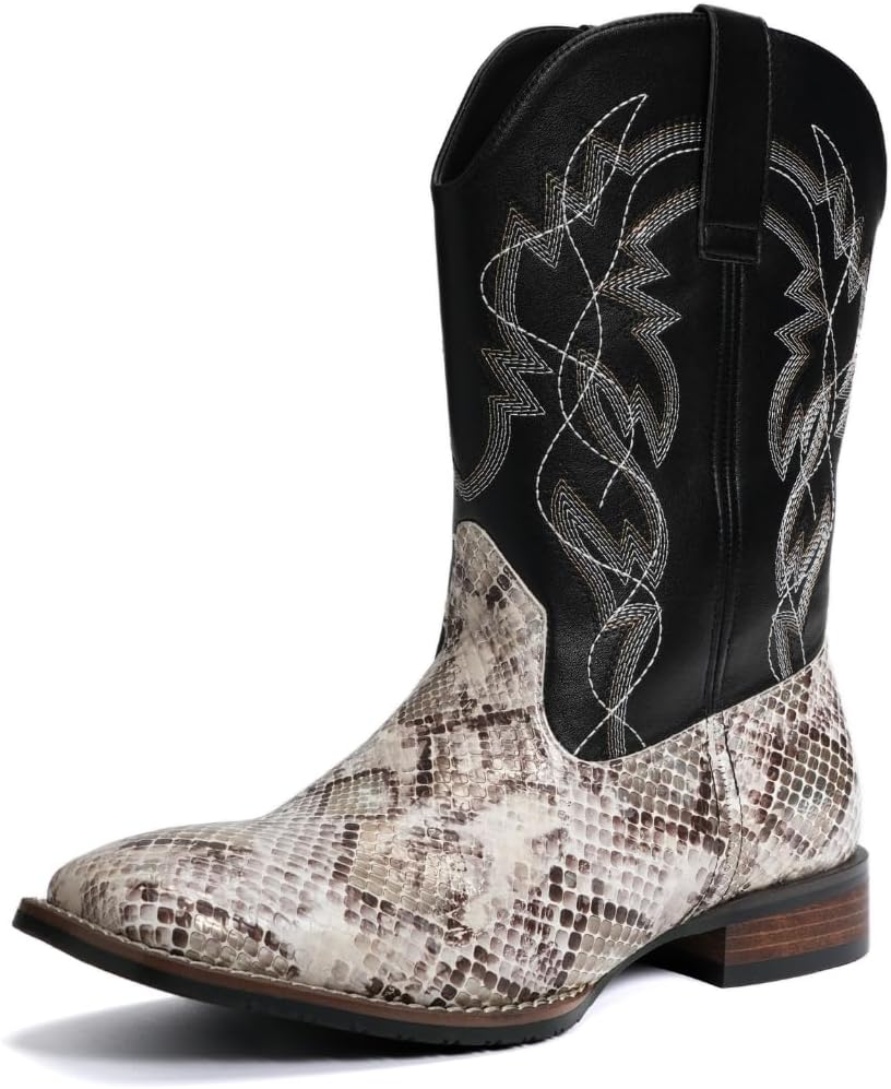 

Мужские ковбойские ботинки Hawecobo с квадратным носком из искусственной зминой кожи и вышивкой в юго-западном стиле, ботинки из телячьей кожи с антискользящей подошвой и узором под питона, хаки