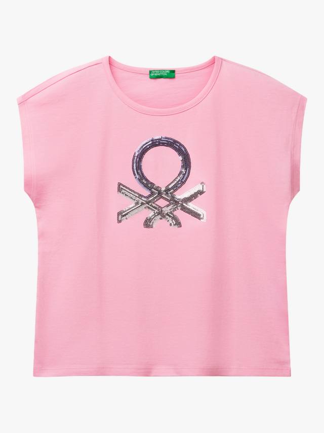 

Детская хлопковая футболка с круглым вырезом и пайетками с логотипом Benetton, Pink