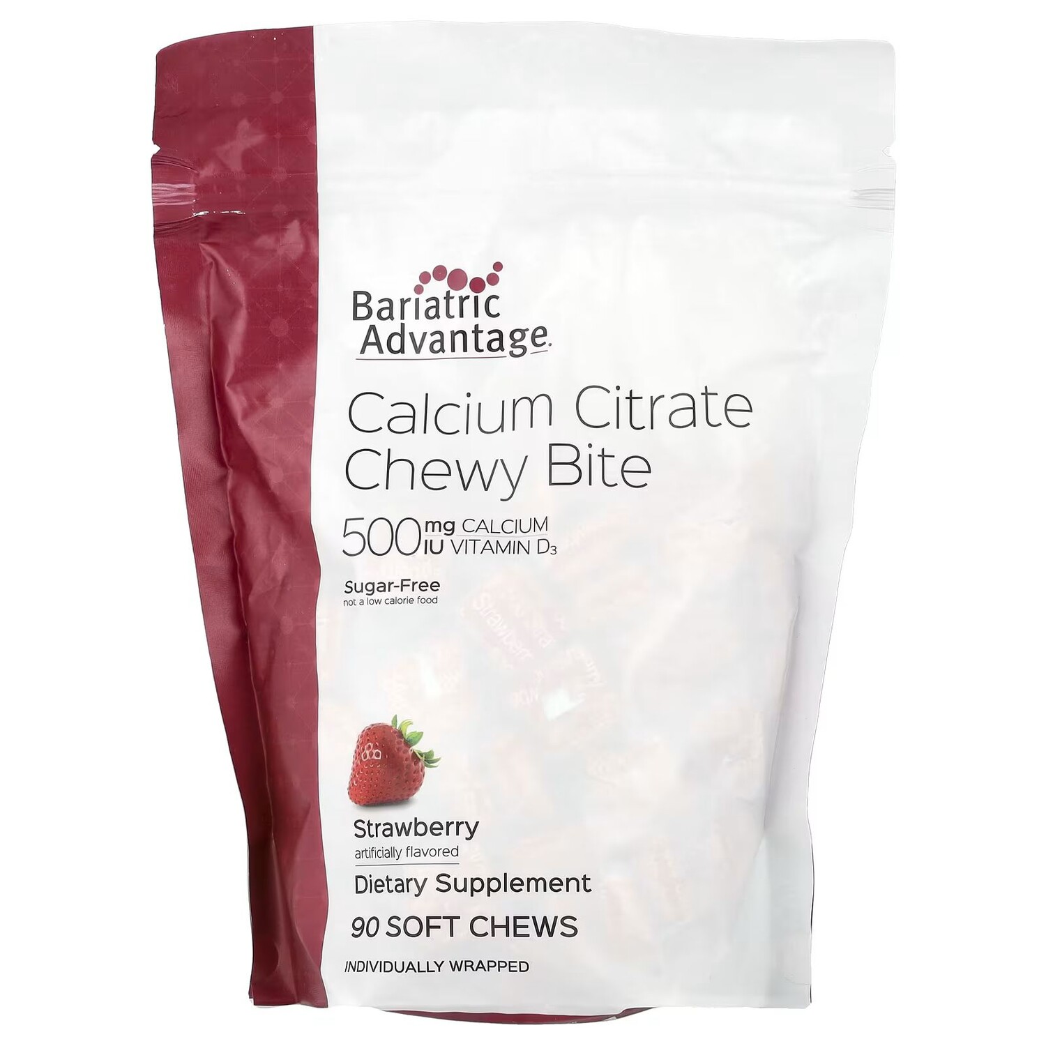 

Chewy Bite с цитратом кальция, без сахара, клубника, 90 мягких жевательных конфет Bariatric Advantage