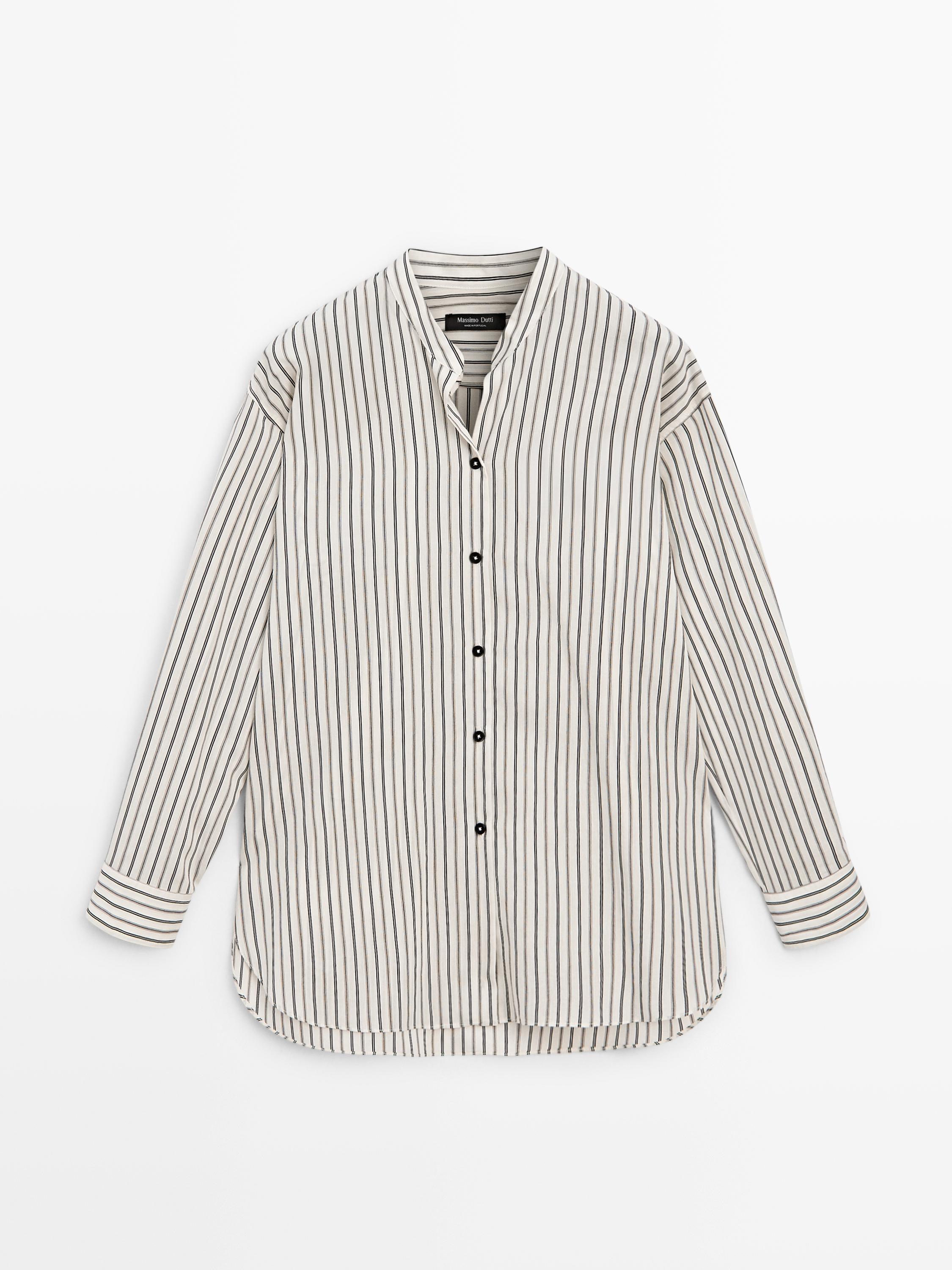 Летящая рубашка в полоску со стойкой Massimo Dutti, off white — фото 2