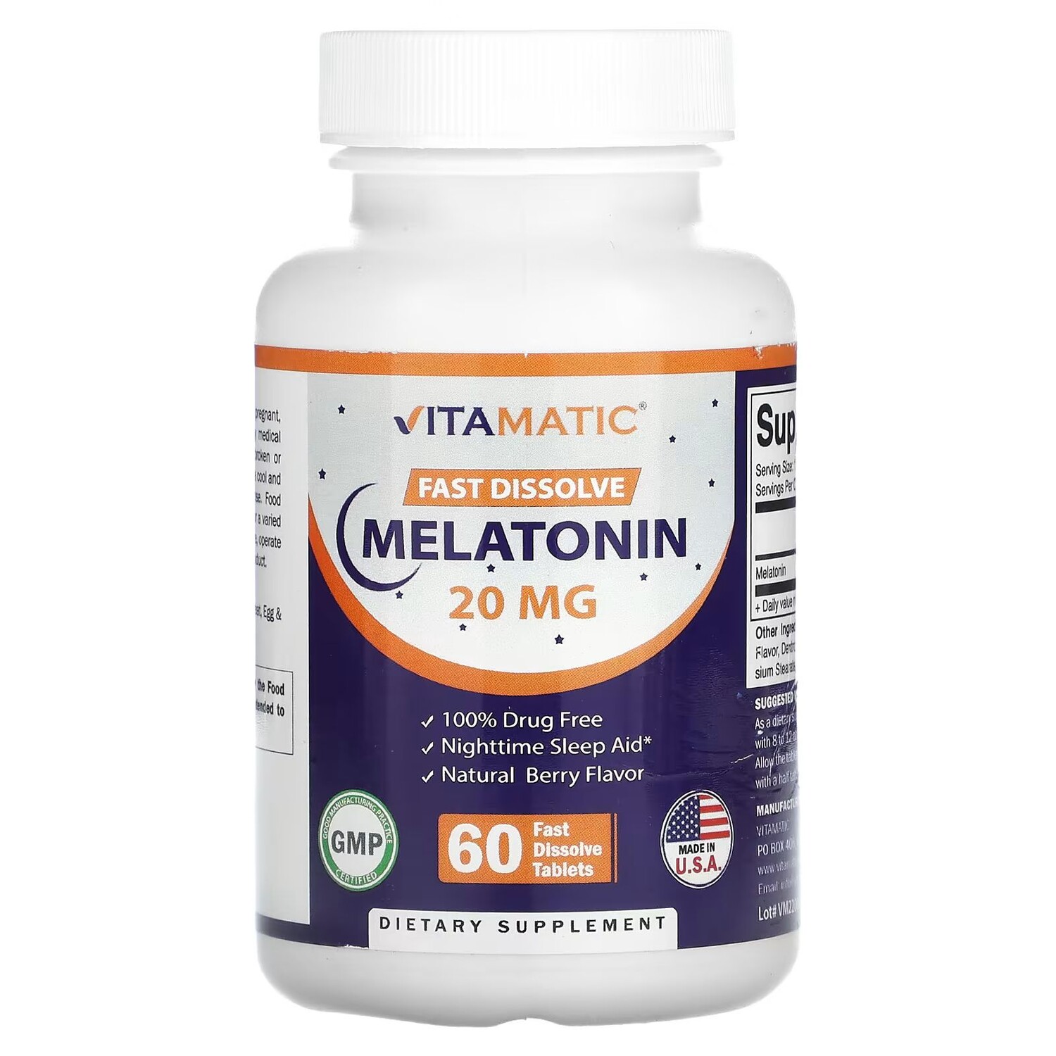 

Быстрорастворимый мелатонин, 20 мг, 60 быстрорастворимых таблеток Vitamatic