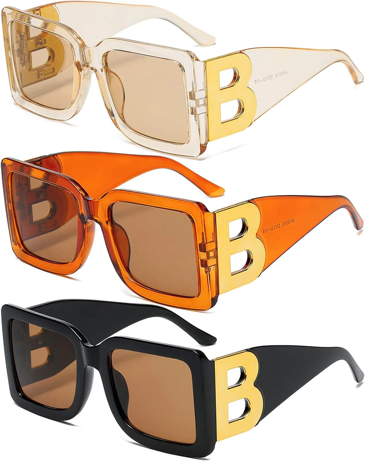 

3 пары больших квадратных солнцезащитных очков для женщин и мужчин, модные очки с толстой оправой B, защита от УФ-излучения UV400 QYVEWY, Orange/Tea/Transparant