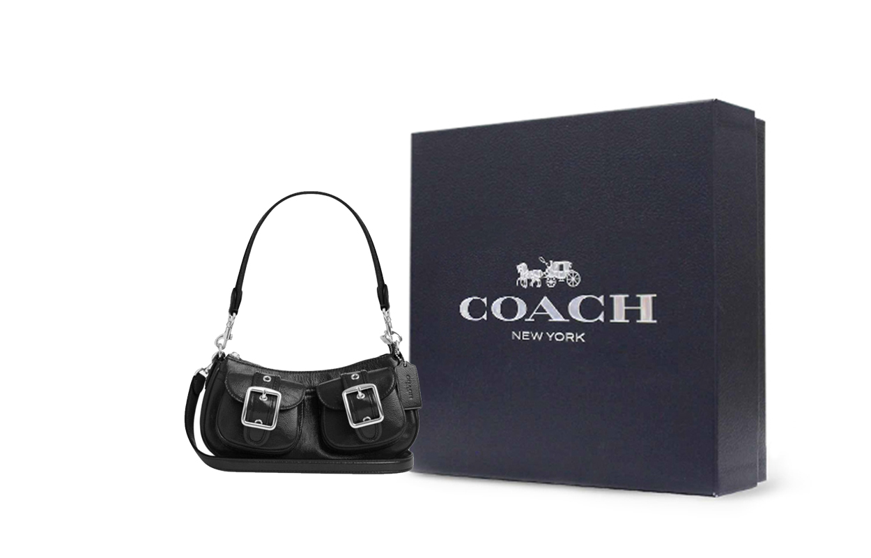 

COACH Кожаная патентная кожаная переносная сумка через плечо среднего размера для женщин черная