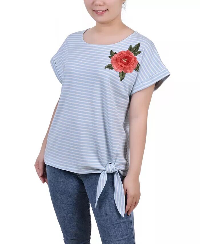 

Женский топ с короткими рукавами и завязкой спереди с вышивкой NY Collection, синий