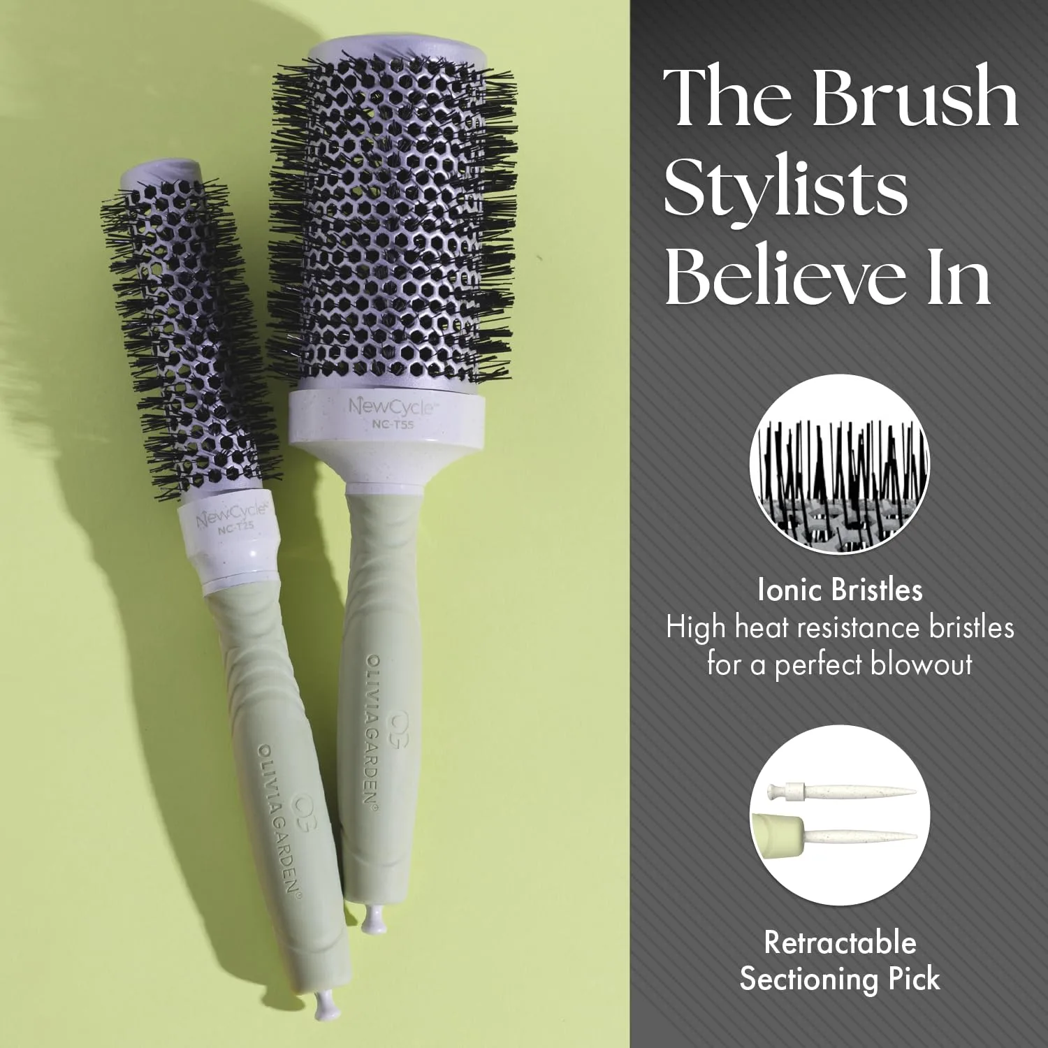 Термощетка для волос Olivia Garden NewCycle Round Thermal Hair Brush (не электрическая) с керамическим корпусом, ионной технологией и изготовлена ​​из 100% переработанного материала (кроме щетины). 3,8 см (термо-круглая) — фото 4